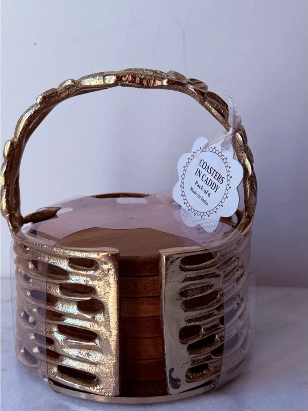 Gold Metallic Coaster Set with Holder